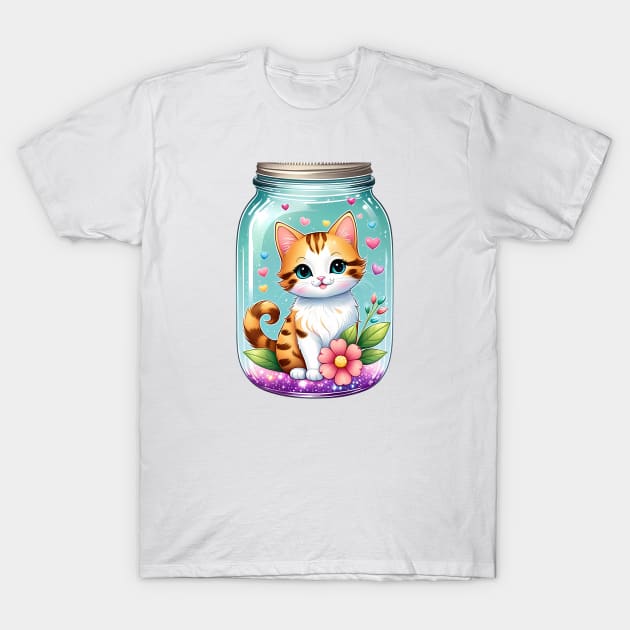 Cute Cat With Beautiful Flowers In Mason Jar T-Shirt by HappyDigitalPOD